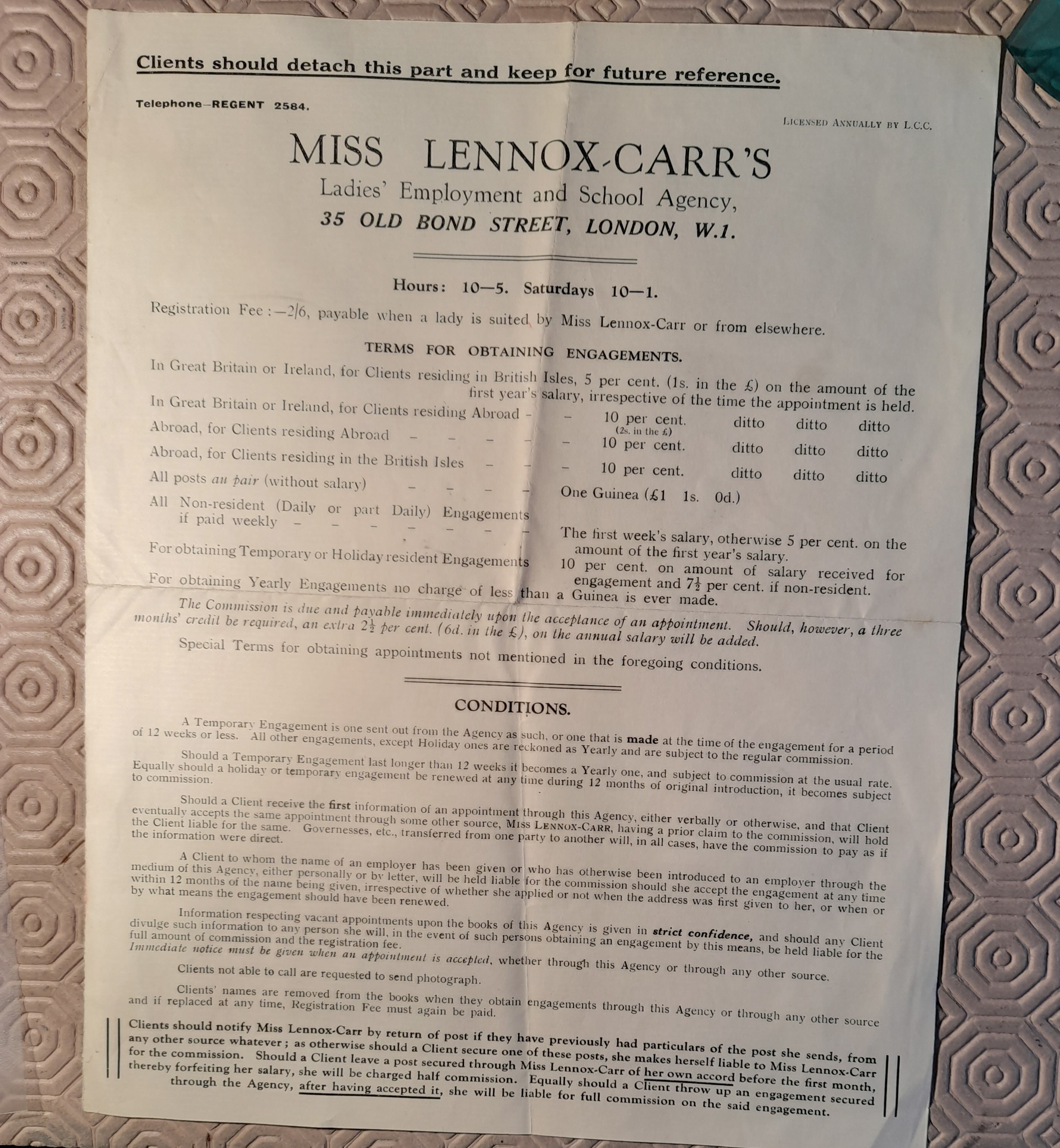 Terms and conditions for Miss Lennox-Carr's Ladies' Employment and School Agency.