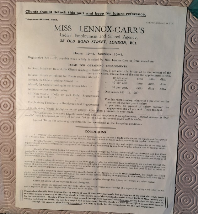Terms and conditions for Miss Lennox-Carr's Ladies' Employment and School Agency.