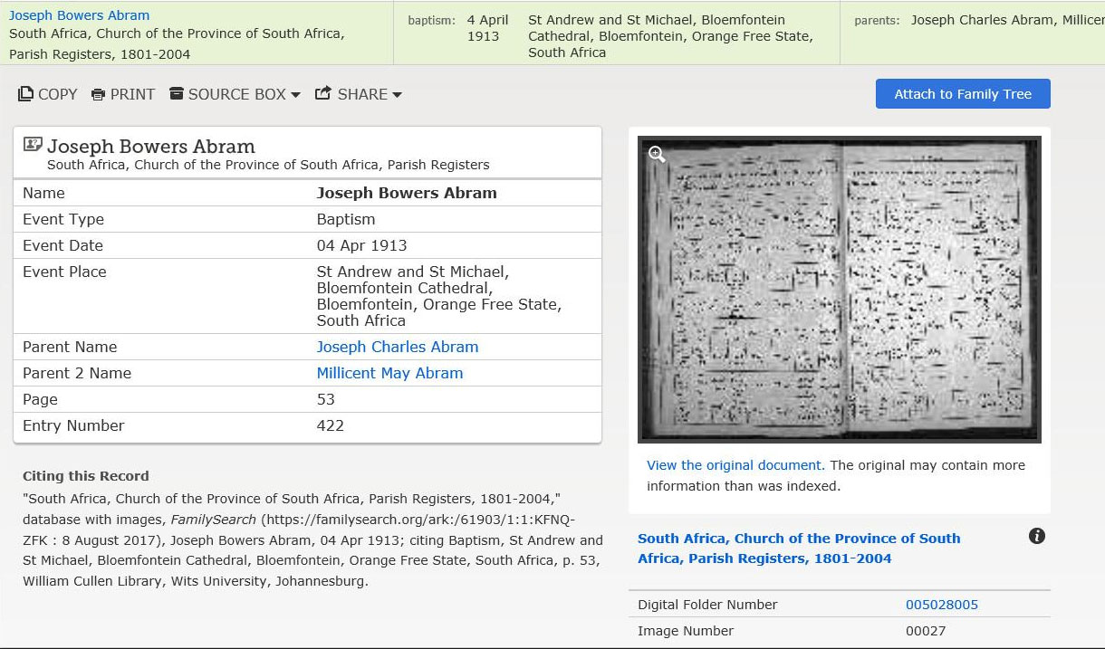 Detail of the baptism of Joseph Bowers Abram, 4 April 1913