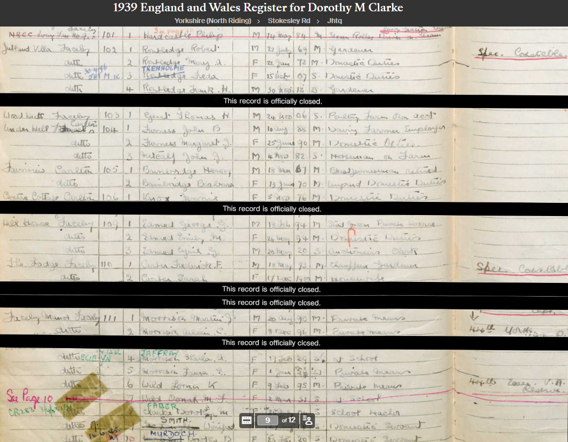 1939 register entry showing Dorothy Clarke.