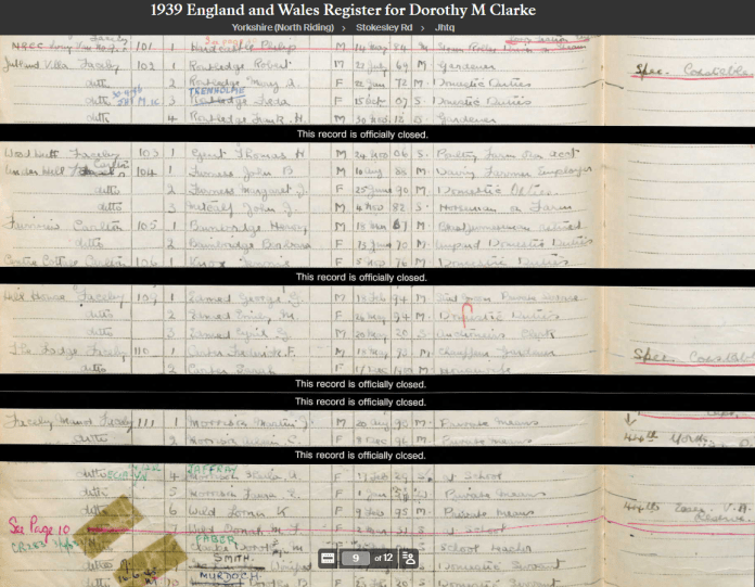 1939 register entry showing Dorothy Clarke.