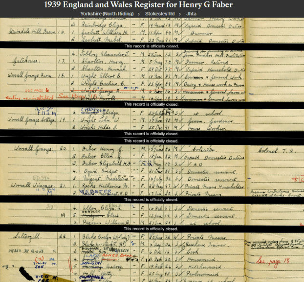 Copy of the 1939 register showing Henry Faber.