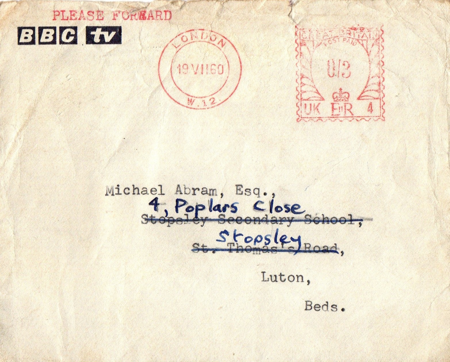 Envelope addressed to Michael Abram at Stopsley. Luton. Bedfordshire.